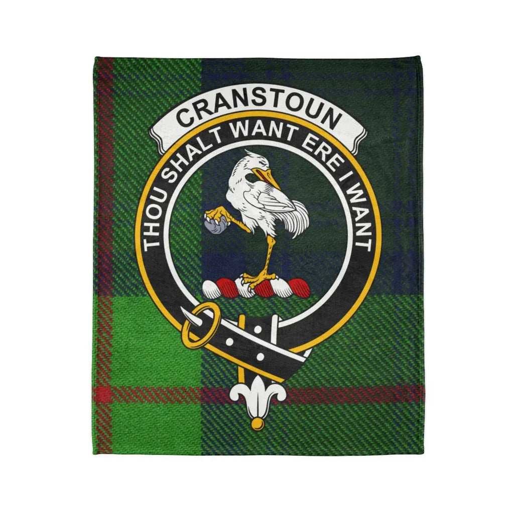 Cranstoun tartan throw blanket close-up — clan crest and motto Thou Shalt Want Ere I Want in full colour