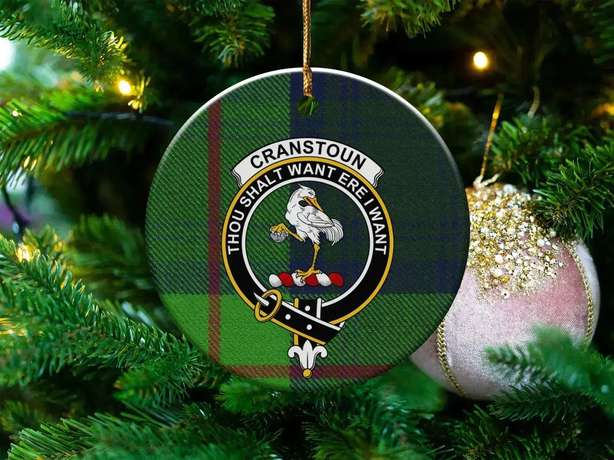 Clan Cranstoun round ceramic ornament — front view showing crest and tartan design with gold string