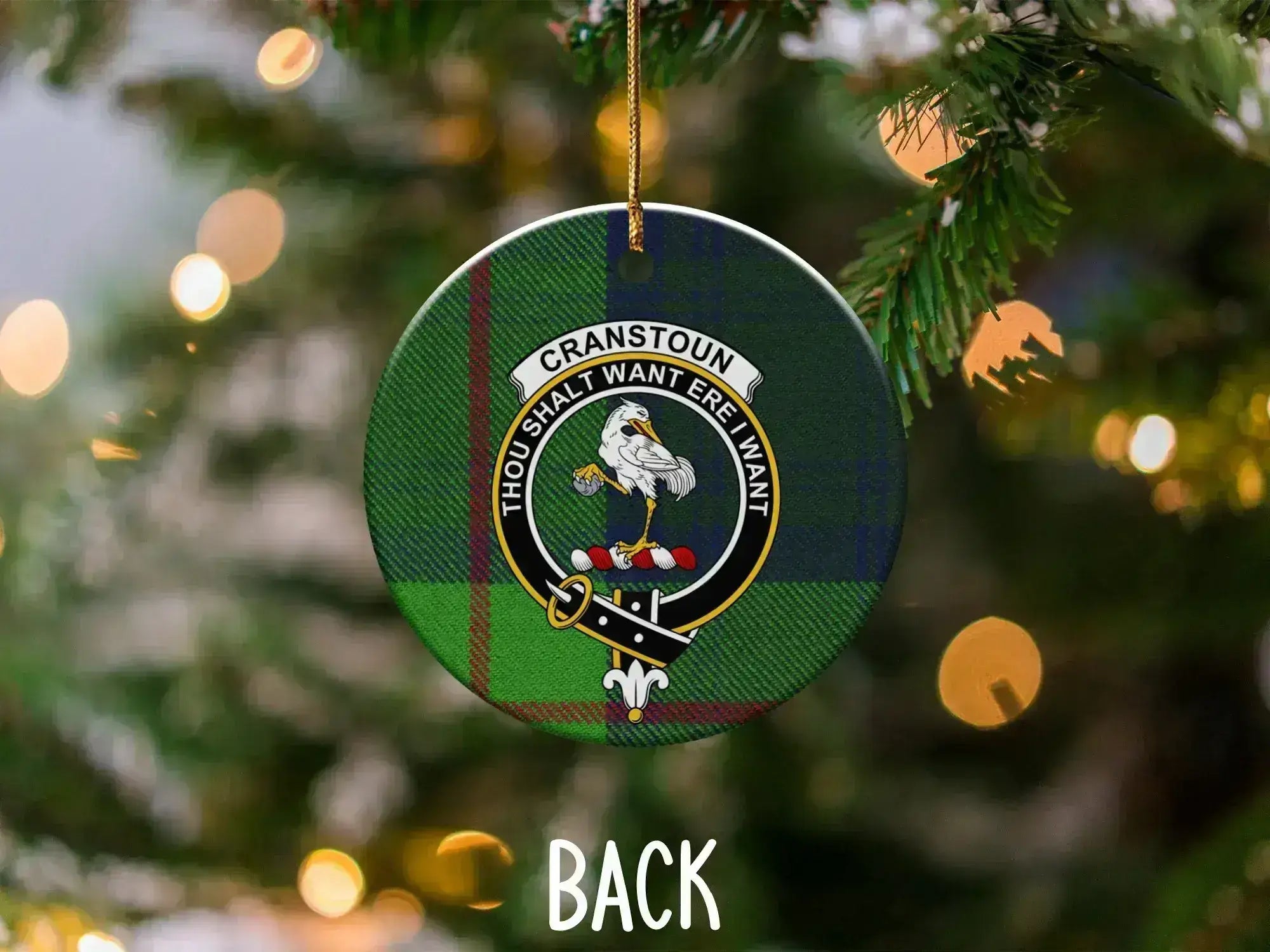 Cranstoun tartan ceramic ornament — 3 inch double-sided, clan crest detail