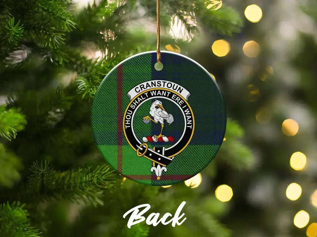 Clan Cranstoun Christmas ornament close-up — round ceramic, crest and motto Thou Shalt Want Ere I Want