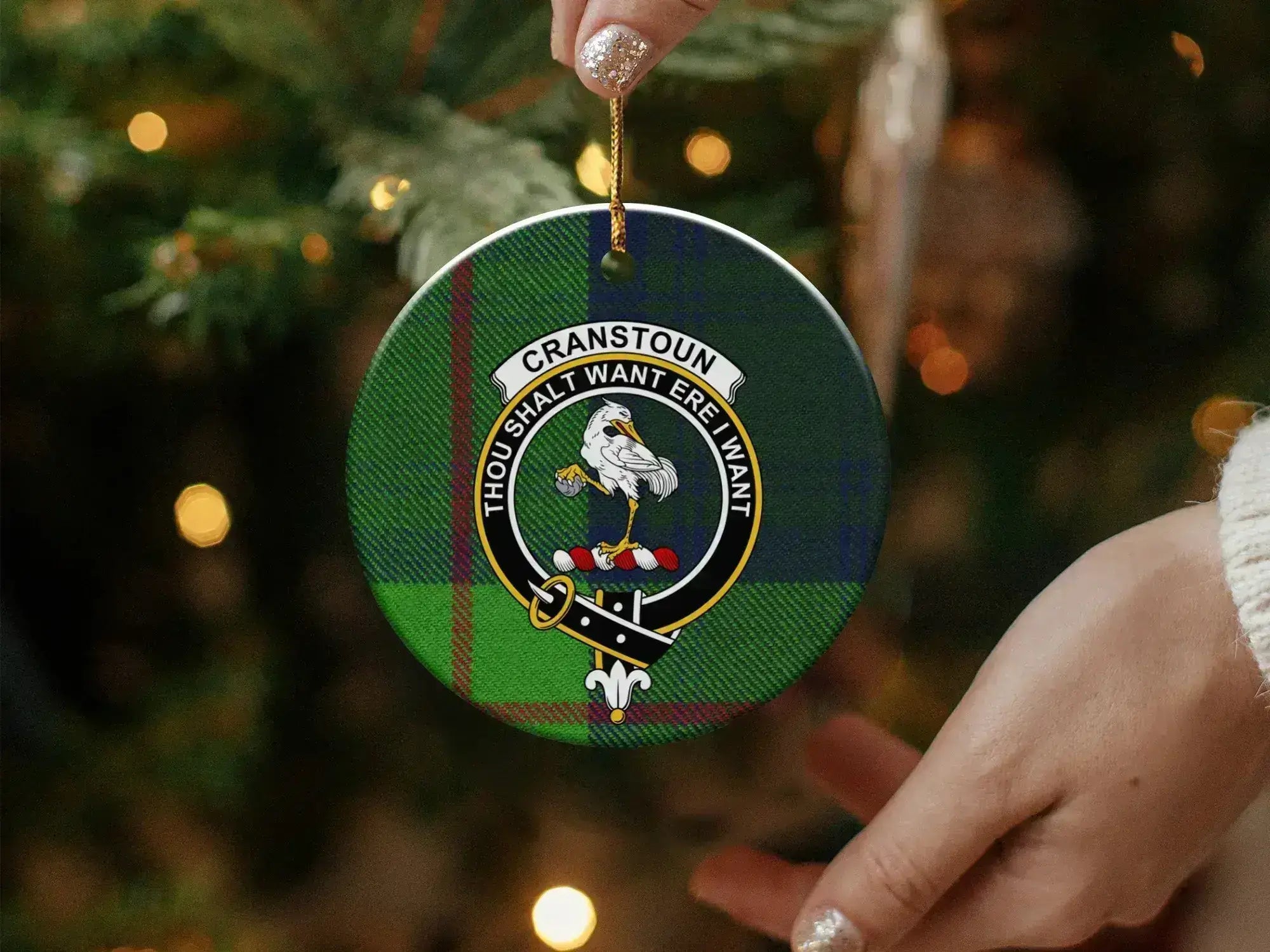 Cranstoun clan ornament hanging display — round ceramic, pre-drilled hole, gold string