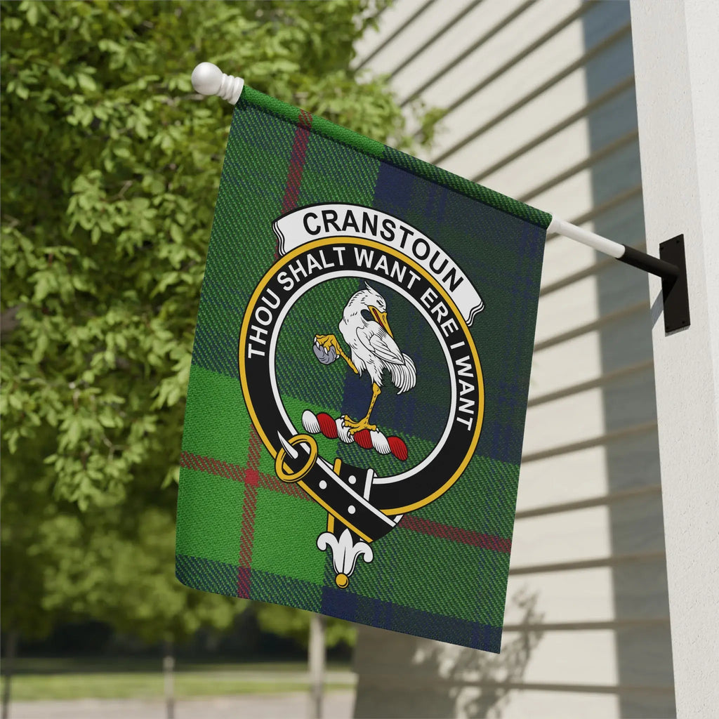 Clan Cranstoun tartan garden flag — 12x18 full-colour outdoor flag showing crest and motto