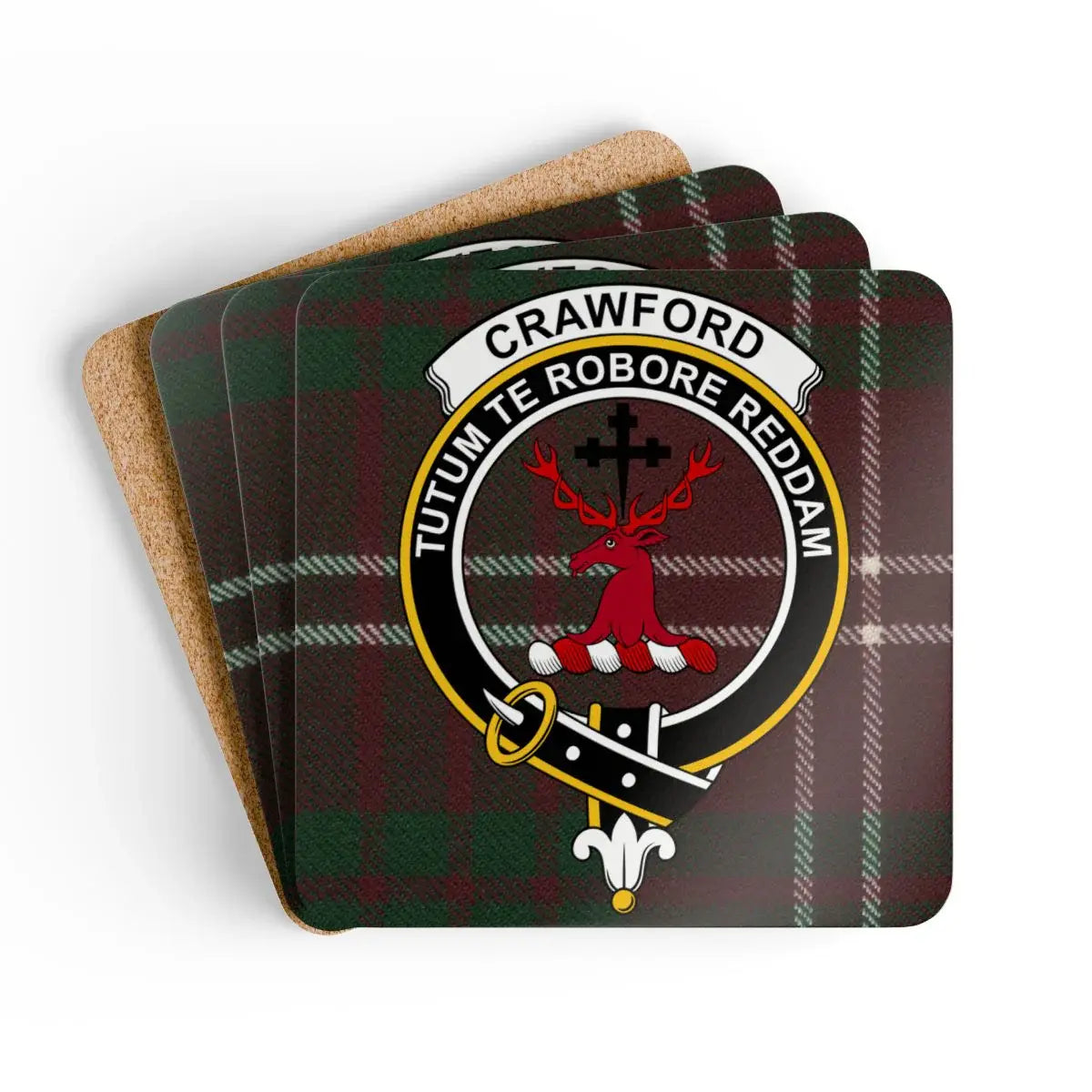 Crawford clan crest tartan coaster set of 4 — natural cork squares with sealed red-green stag design