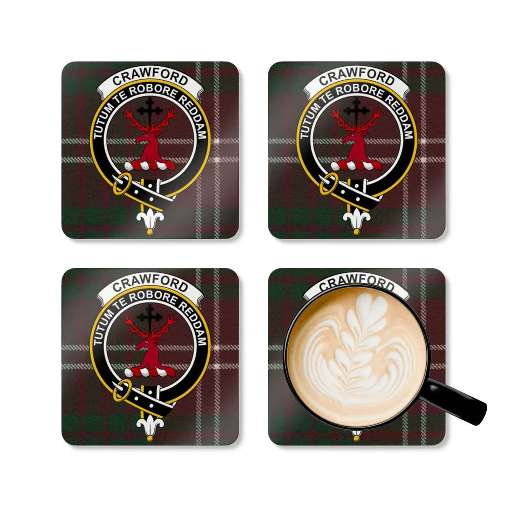 Crawford tartan coaster set — four 3.75-inch cork coasters with Tutum Te Robore Reddam clan crest