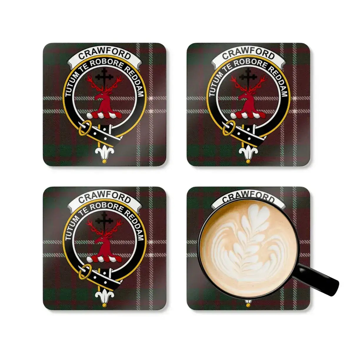 Crawford Clan Crest Tartan Coasters Set of 4 product type