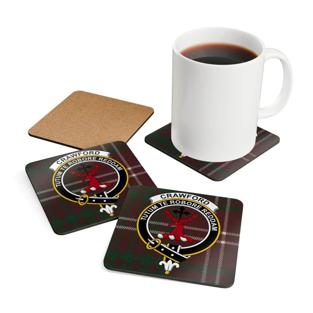 Crawford clan tartan square coaster close-up — corkwood base with sealed stag heraldic print