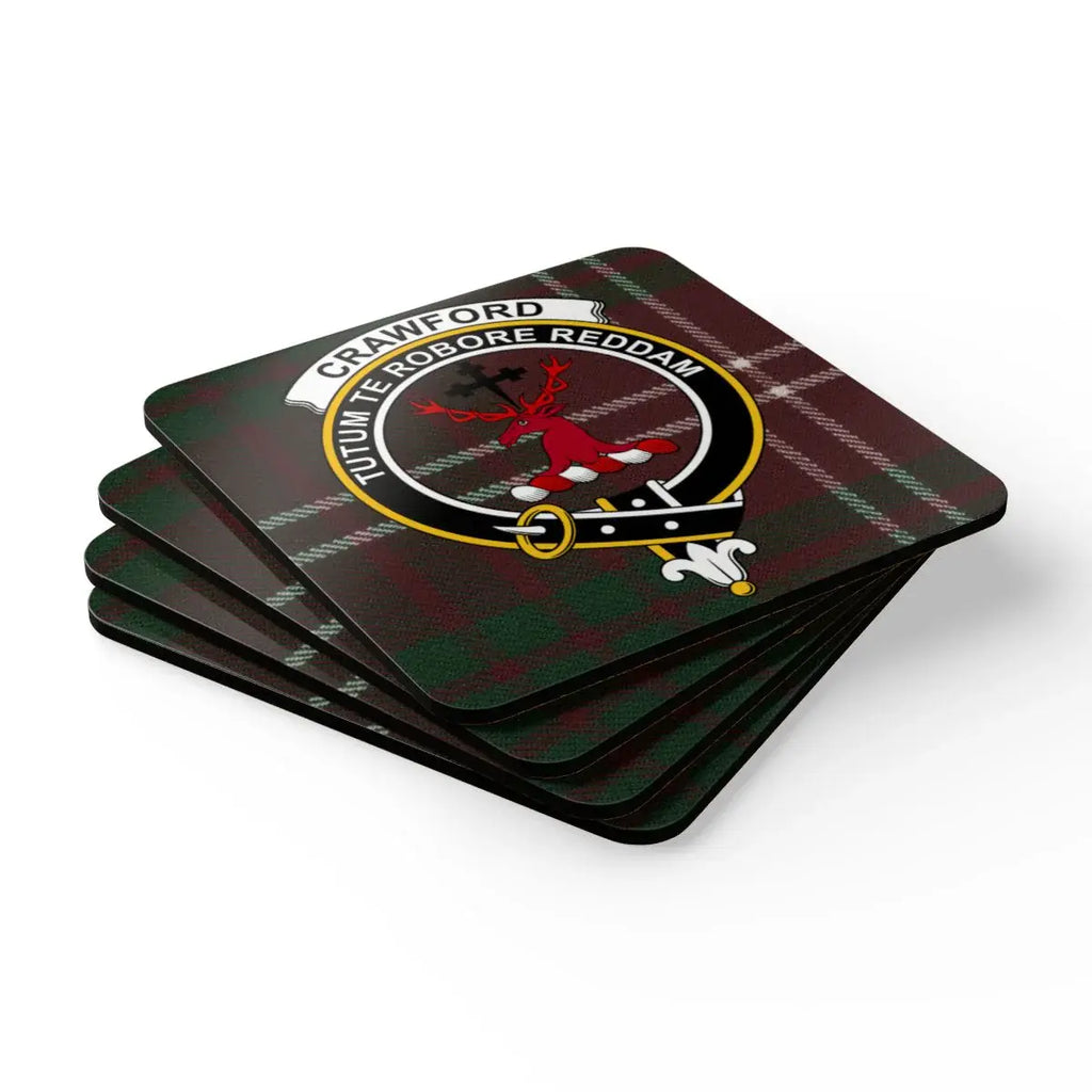 Crawford Tutum Te Robore Reddam tartan coasters — set of four cork squares with clan design