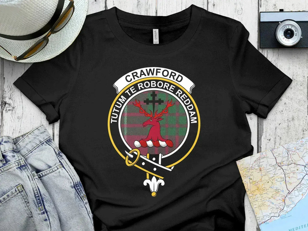 Crawford clan crest tartan pattern t-shirt — red-green plaid background with stag crest