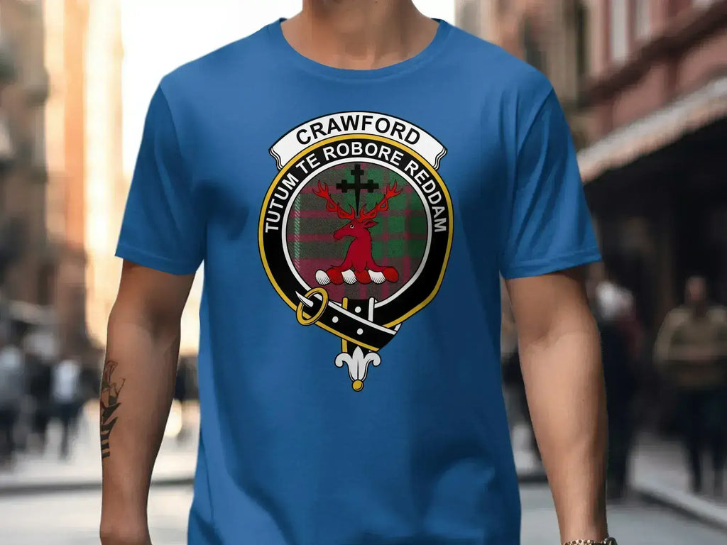 Crawford clan motto tartan t-shirt — full heraldic design with plaid background