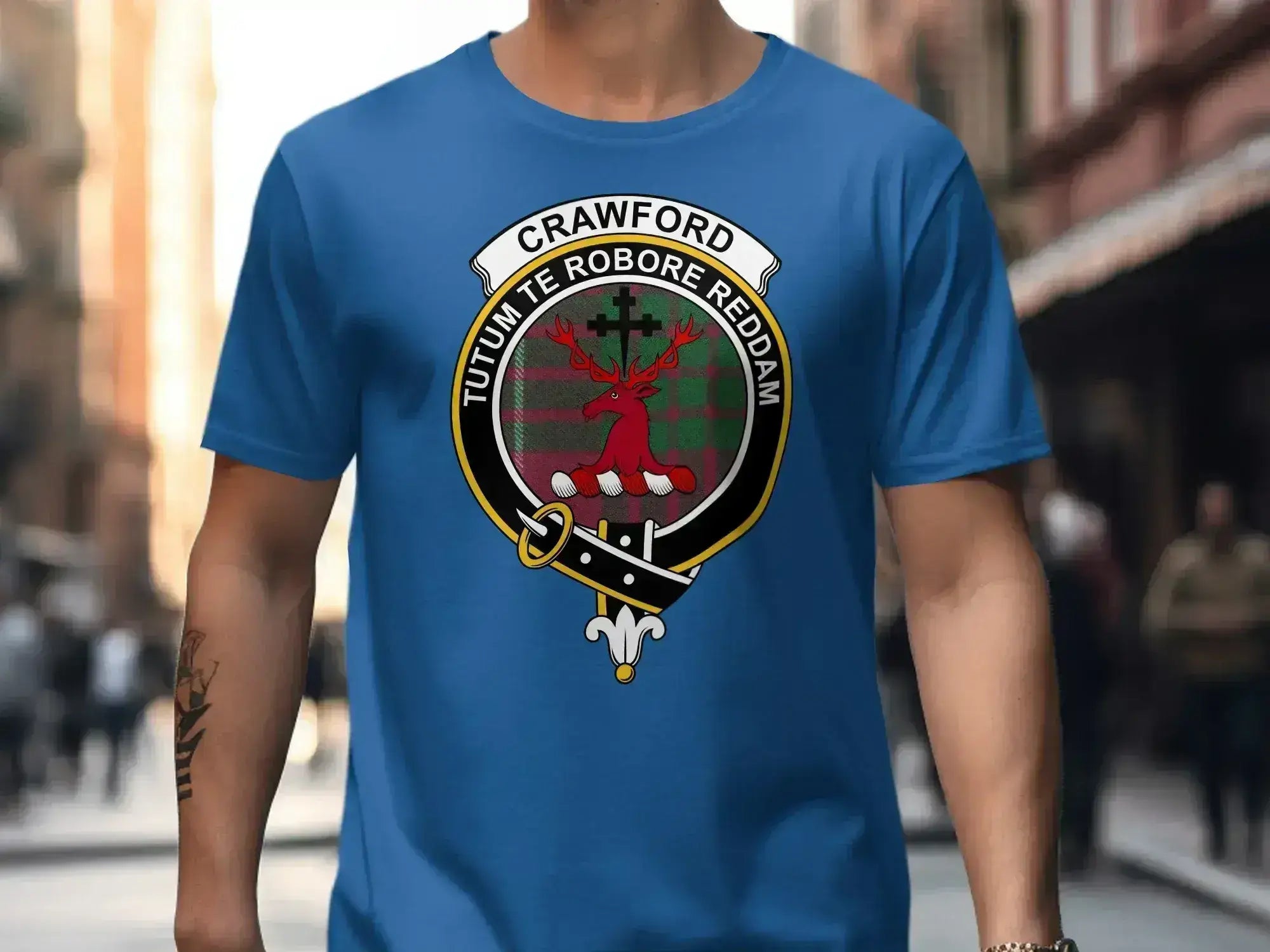 Crawford clan motto tartan t-shirt — full heraldic design with plaid background