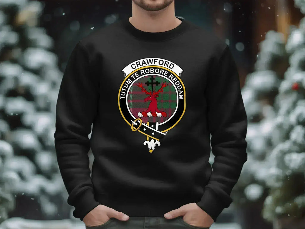 Crawford crest tartan sweatshirt in navy — clan emblem over red-green plaid fleece