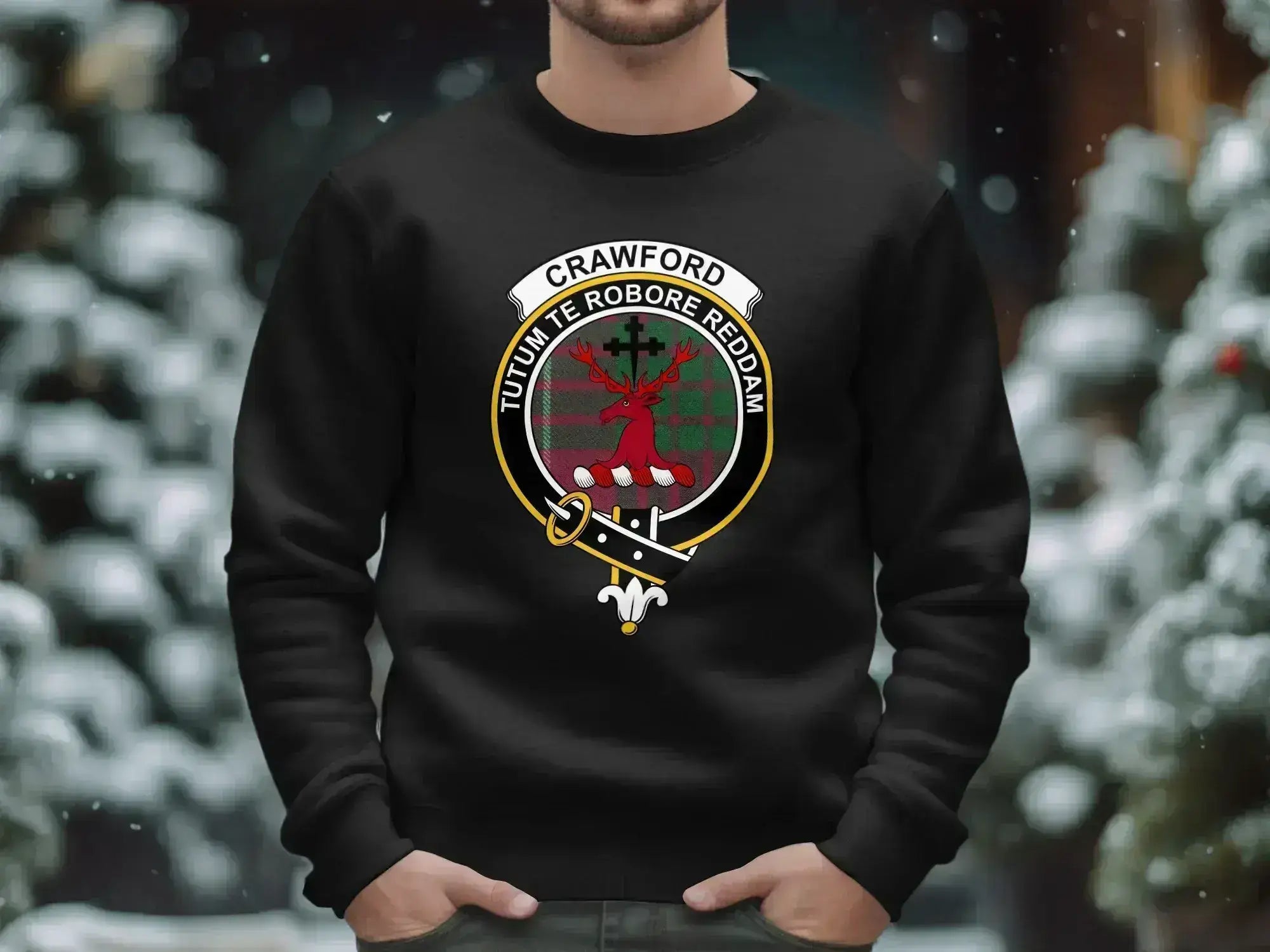 Crawford crest tartan sweatshirt in navy — clan emblem over red-green plaid fleece