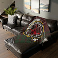 Crawford clan crest tartan throw blanket on sofa — 50x60 polyester, red-green stag design