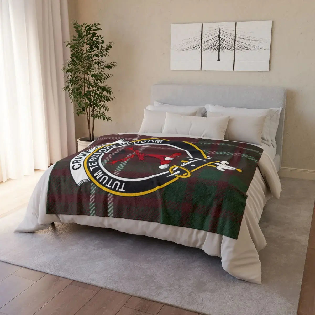Crawford clan tartan throw blanket folded — lightweight printed polyester with hemmed edges