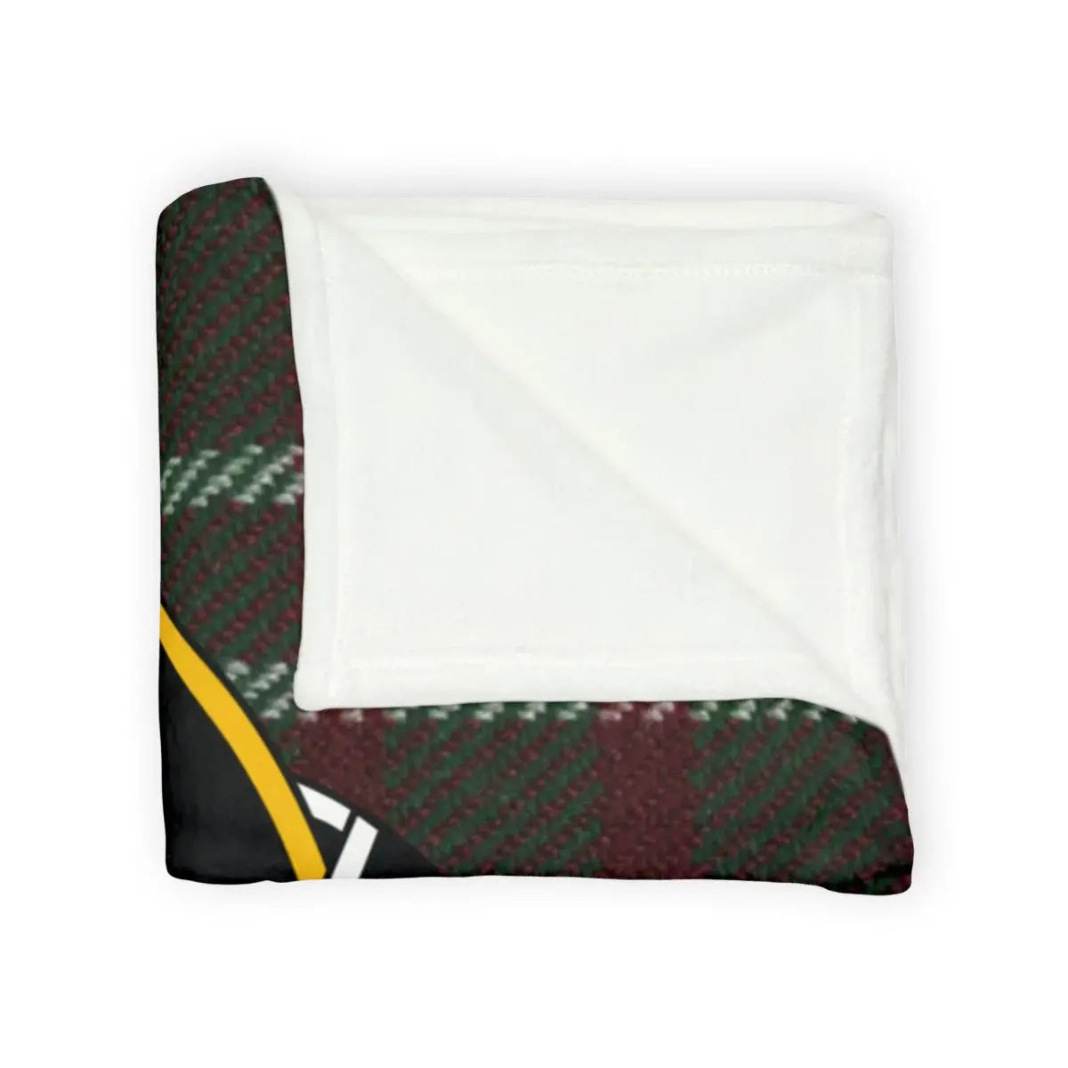 Crawford clan crest throw blanket laid flat — 100% polyester, 50x60, red-green plaid pattern