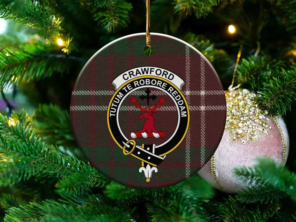 Crawford clan tartan ceramic ornament — 3-inch round glossy disc with stag crest and Tutum Te Robore Reddam