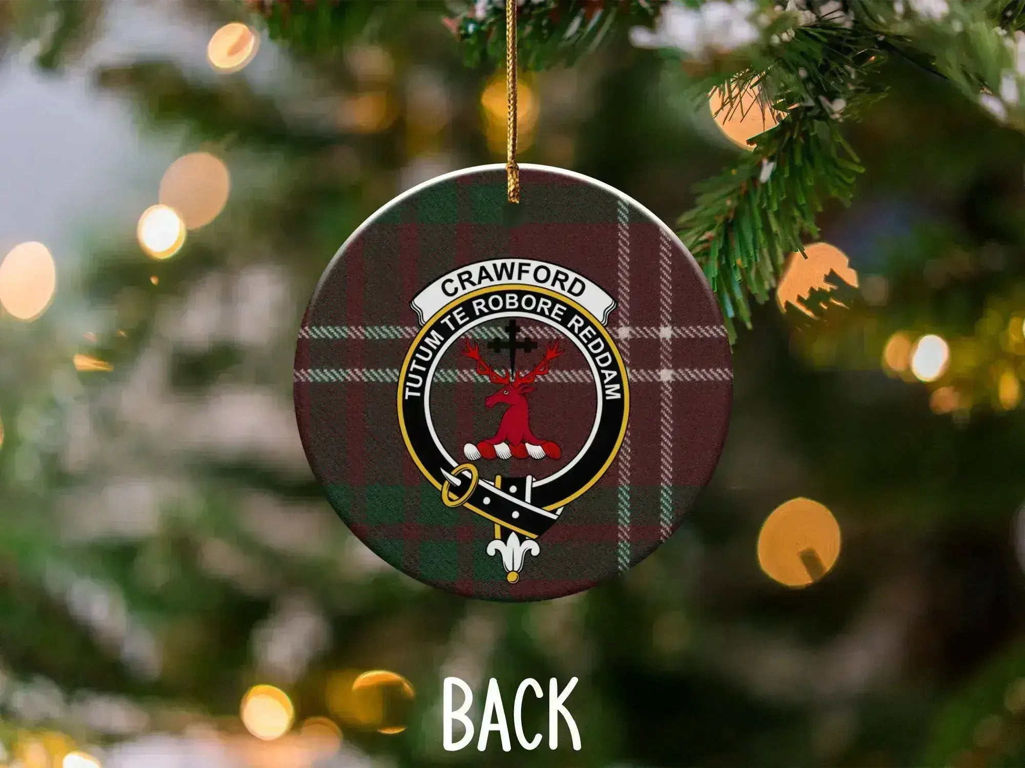 Crawford clan Christmas ornament — double-sided 3-inch ceramic with ribbon hanger and red-green tartan