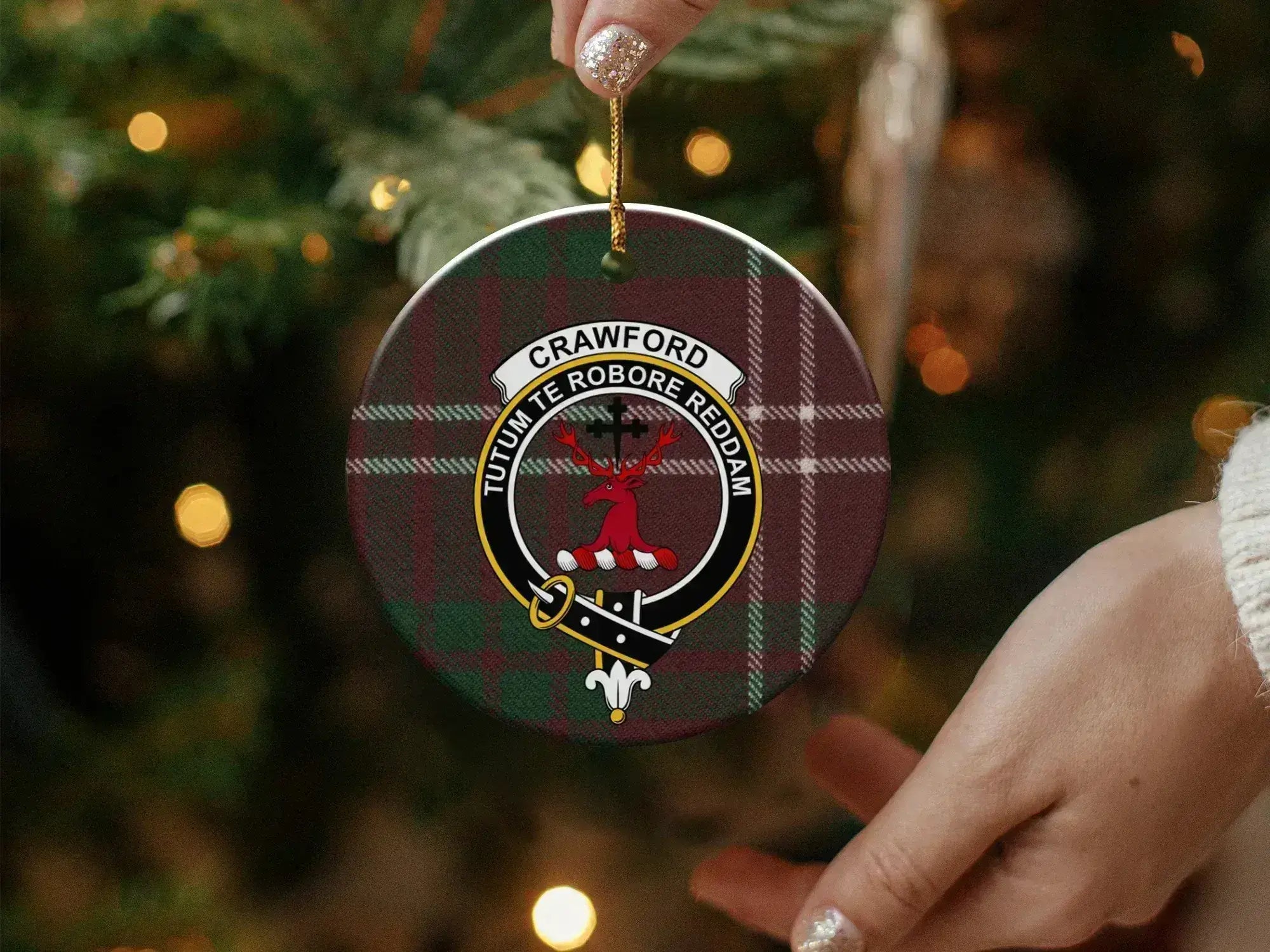 Crawford clan tartan ceramic ornament close-up — stag crest detail on glossy 3-inch disc