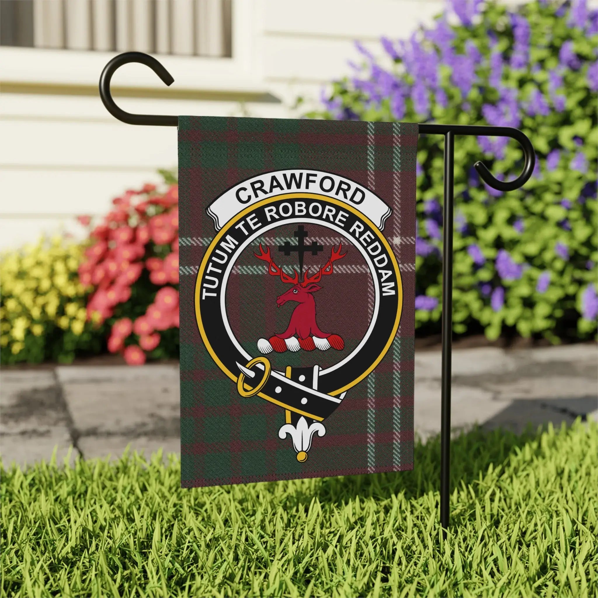 Crawford clan emblem garden flag 24x32 inches — larger outdoor size with Tutum Te Robore Reddam crest
