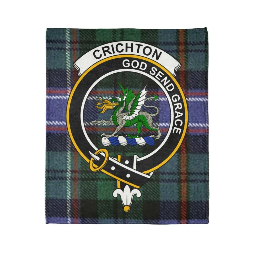 Crichton tartan throw blanket close-up — clan crest and motto God Send Grace in full colour