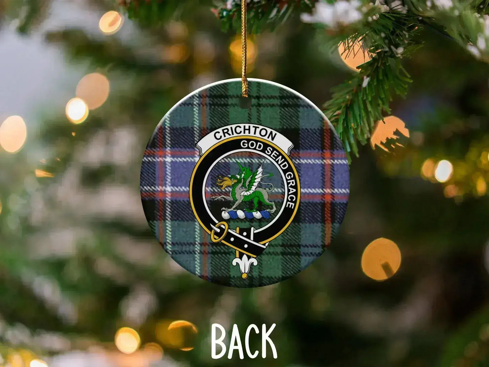 Crichton tartan ceramic ornament — 3 inch double-sided, clan crest and motto God Send Grace