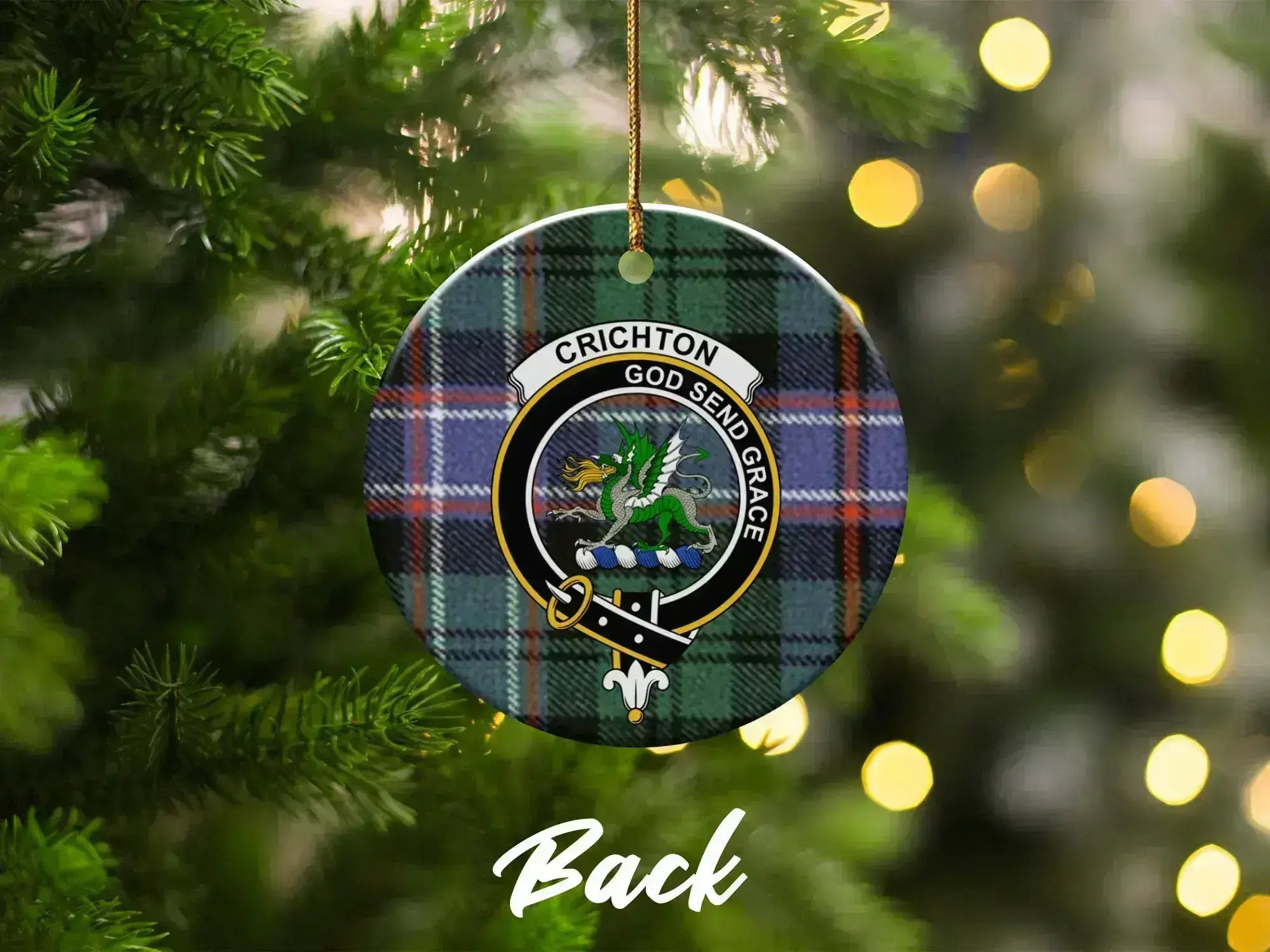Clan Crichton Christmas ornament close-up — round ceramic, tartan design, pre-drilled hole