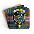 Clan Crichton tartan coaster set — square cork, full-colour crest print, top view
