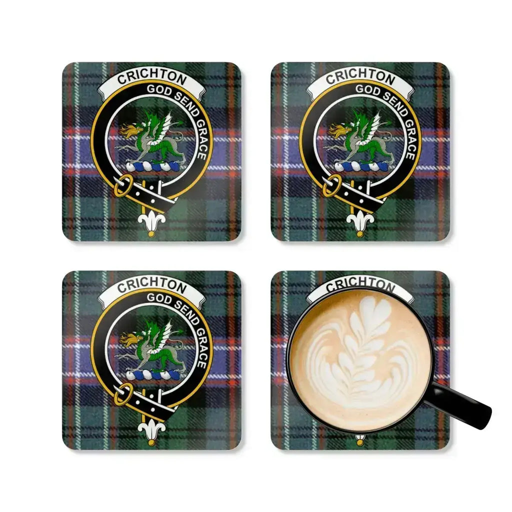 Crichton Scottish clan crest coasters — glossy finish showing tartan and motto God Send Grace