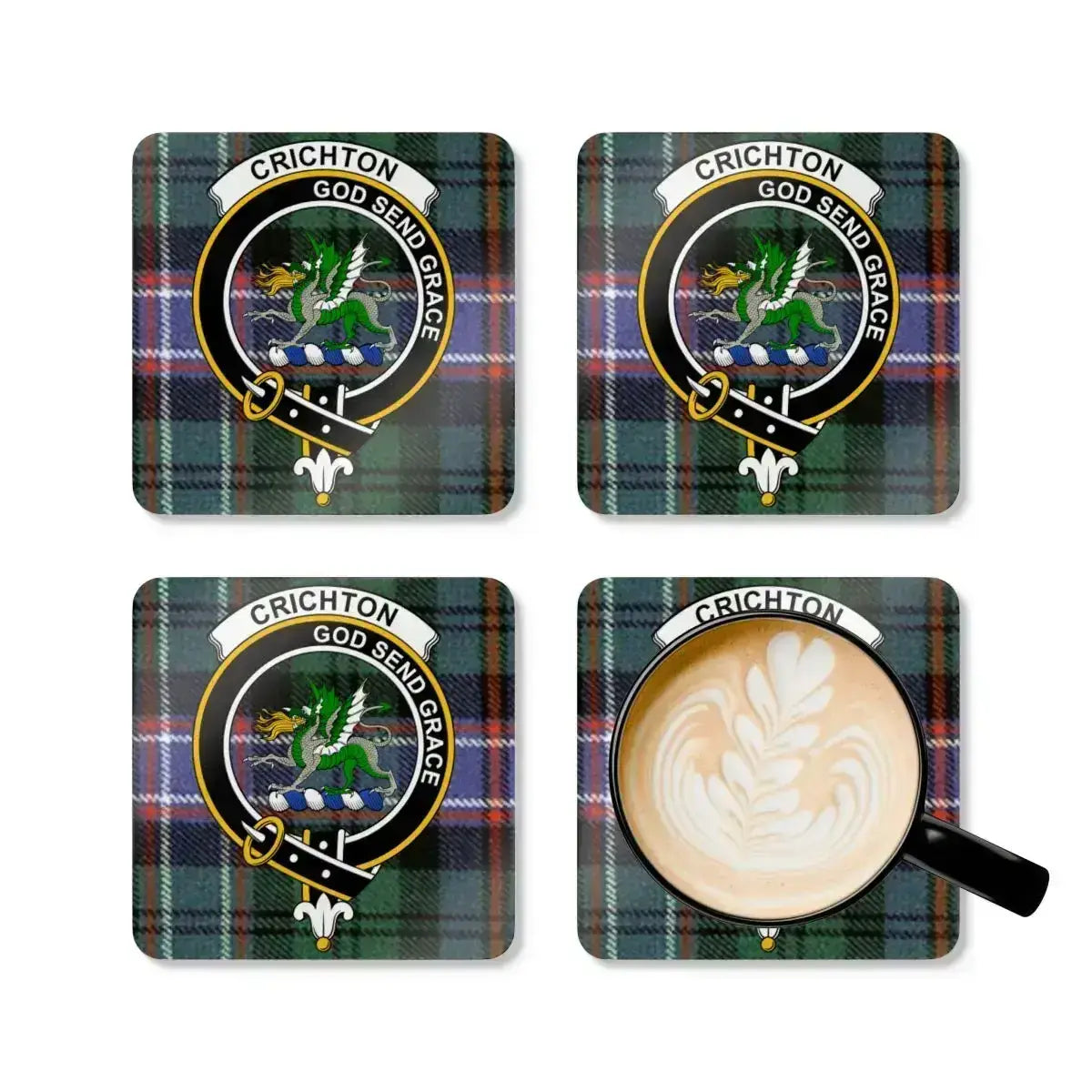 Crichton Scottish clan crest coasters — glossy finish showing tartan and motto God Send Grace
