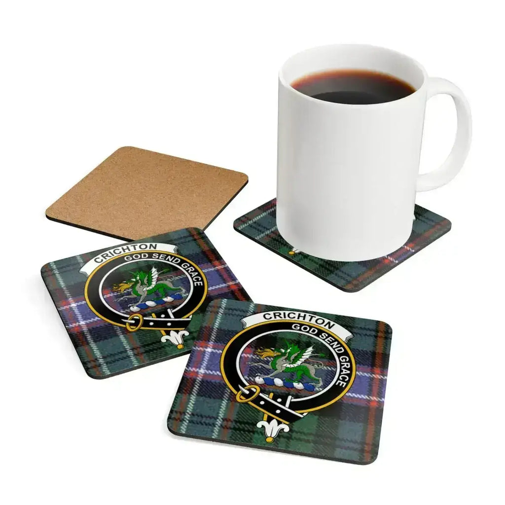 Clan Crichton cork coaster close-up — crest design on tartan, 3.75 inch square