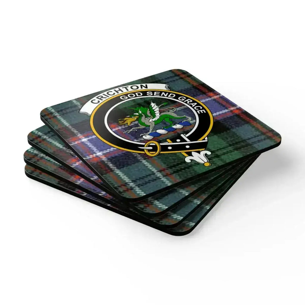 Crichton coaster set angled view — natural cork base, full-colour clan tartan print