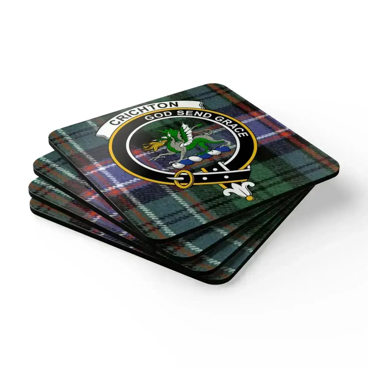 Crichton coaster set angled view — natural cork base, full-colour clan tartan print