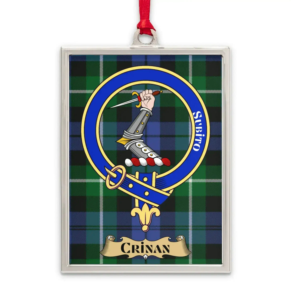 Crinan tartan-background crest ornament shown as a Scottish heritage keepsake gift