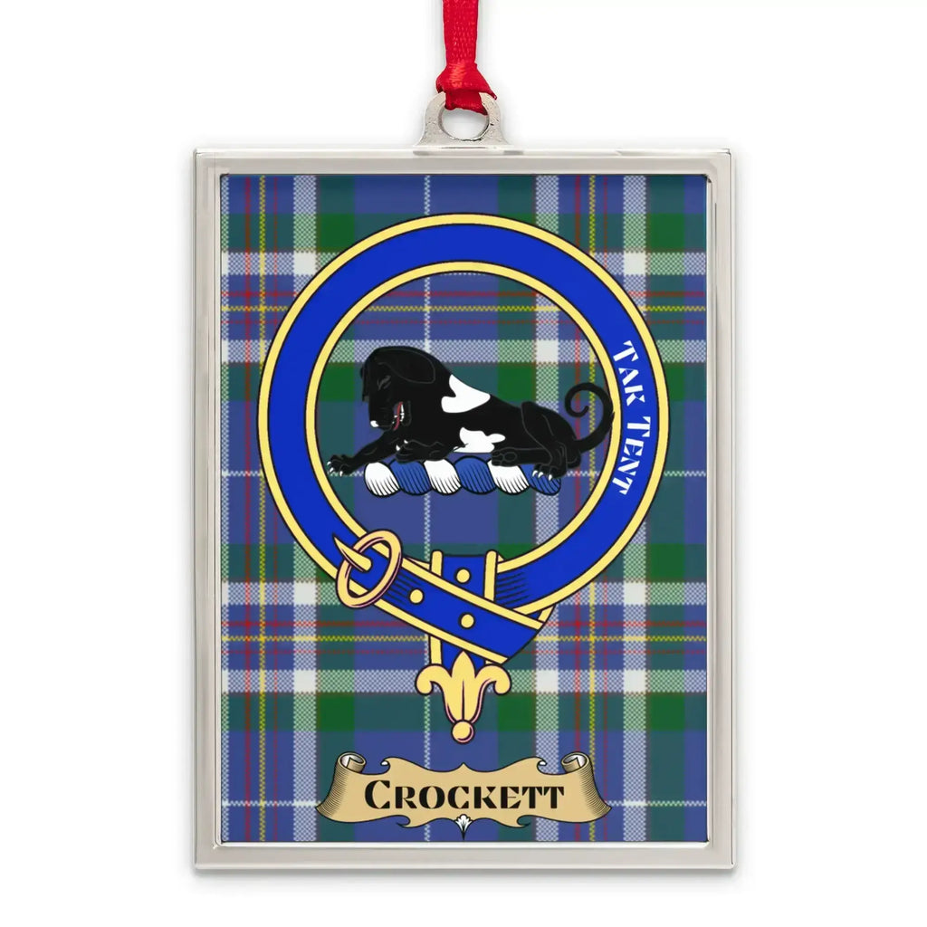 Crockett tartan-background crest ornament shown as a Scottish heritage keepsake gift