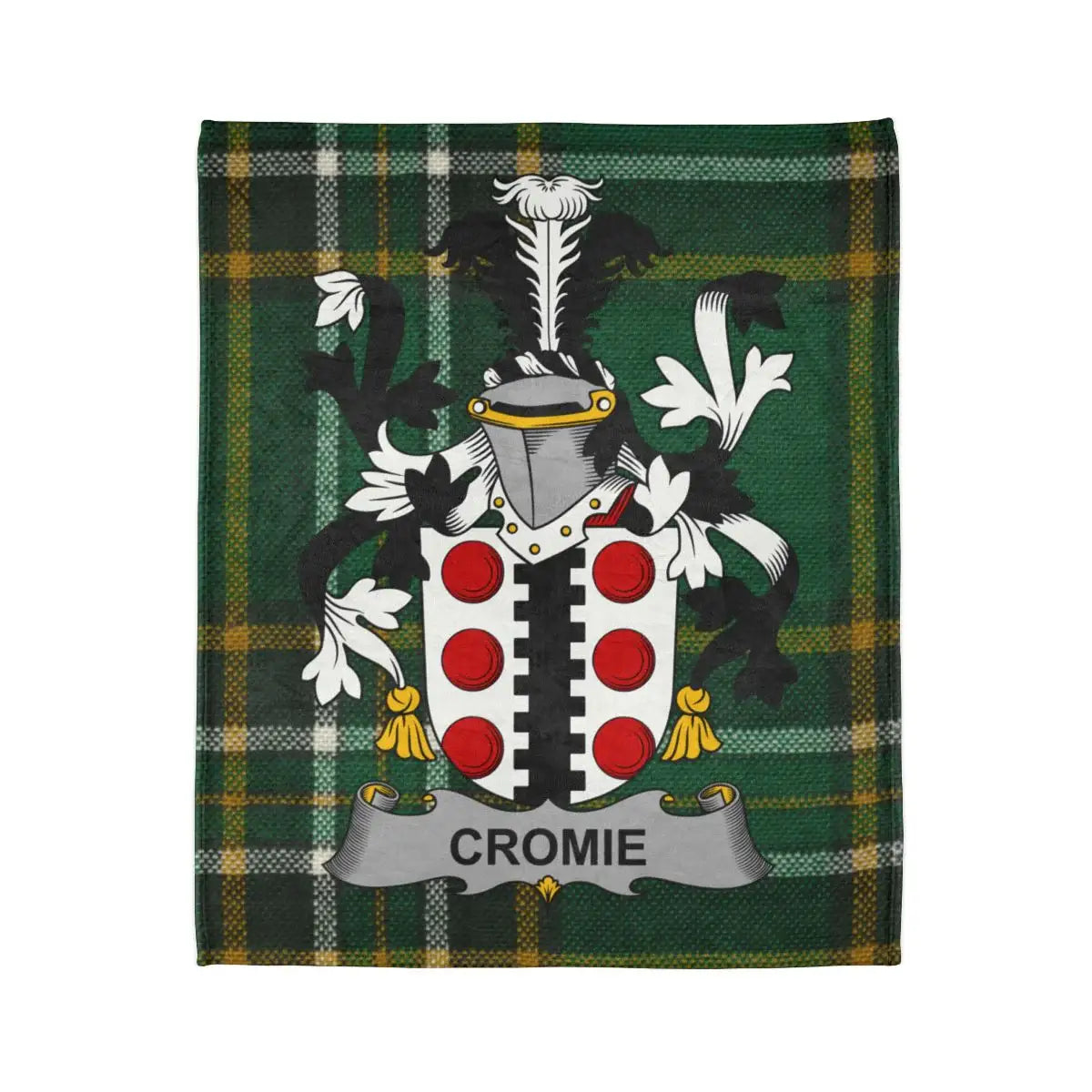 Cromie Family Crest on Green Plaid Background Tapestry