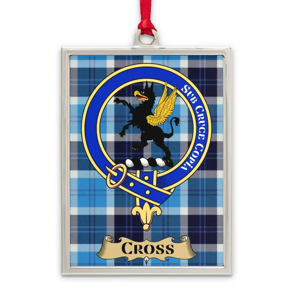 Cross tartan-background crest ornament shown as a Scottish heritage keepsake gift