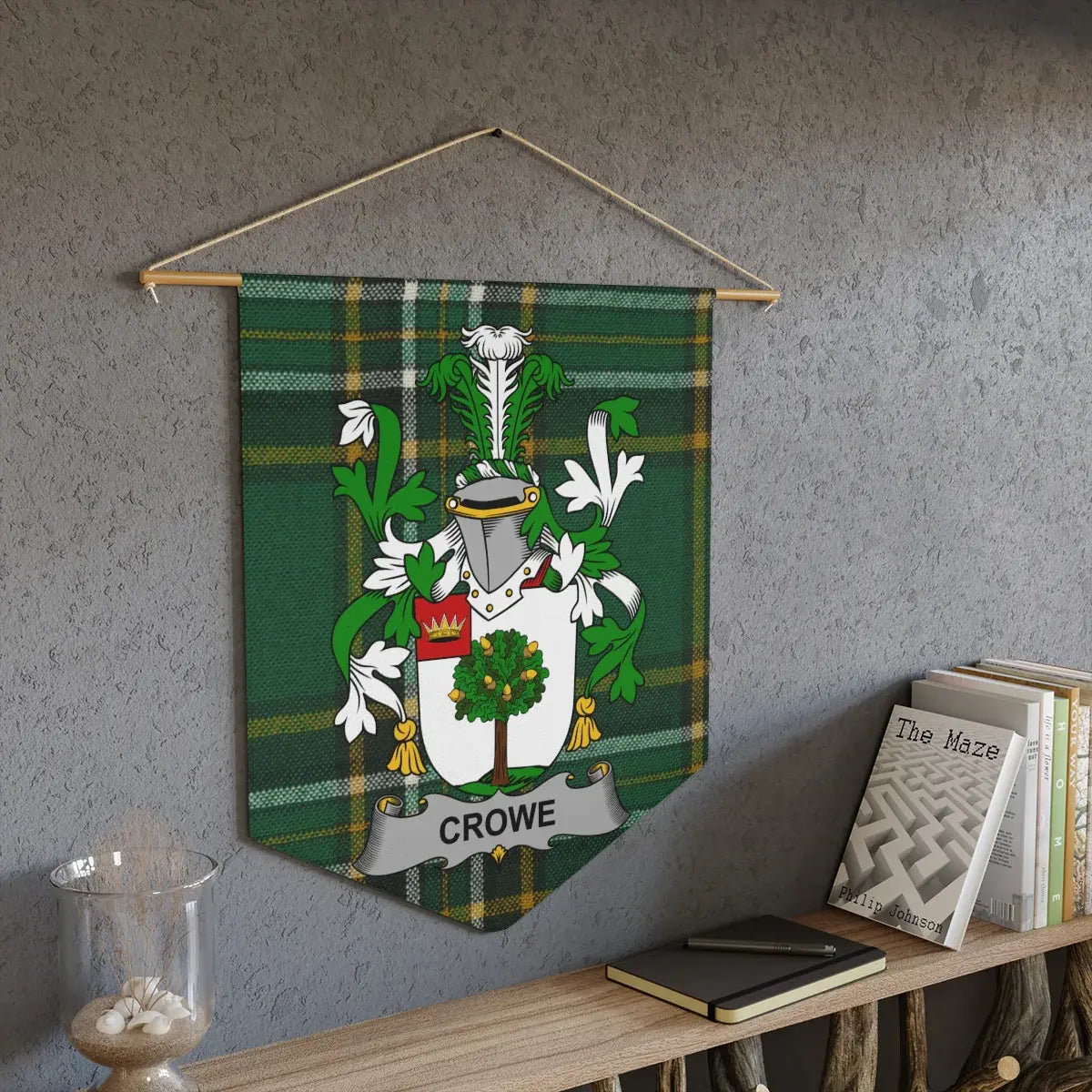 Crowe Irish family crest pennant on the Irish National Tartan