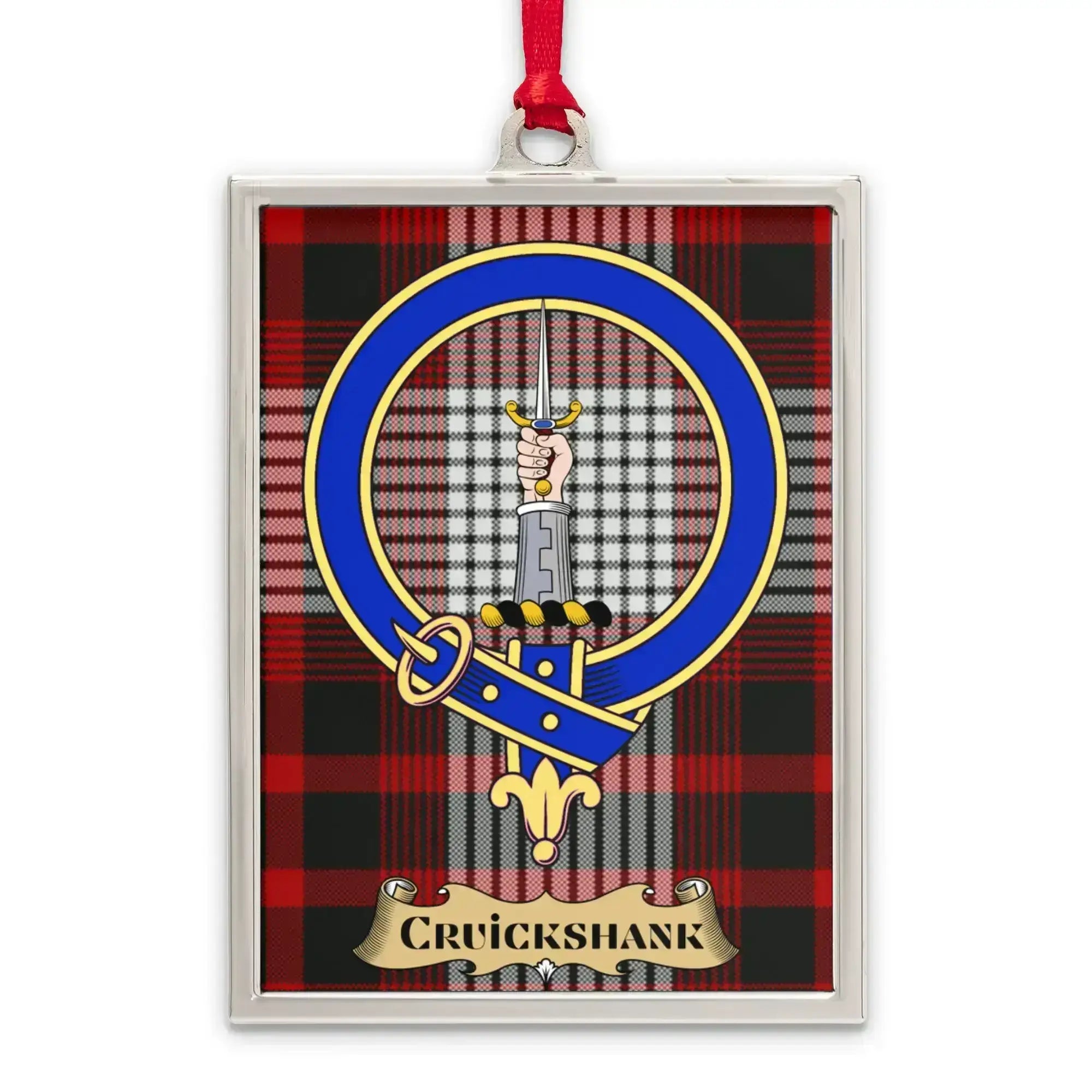Cruickshank tartan-background crest ornament shown as a Scottish heritage keepsake gift