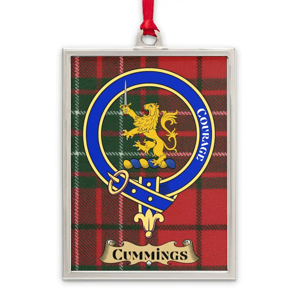 Cummings tartan-background crest ornament shown as a Scottish heritage keepsake gift