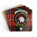 Cunningham clan crest tartan coaster set of 4 — natural cork squares with sealed unicorn heraldic design