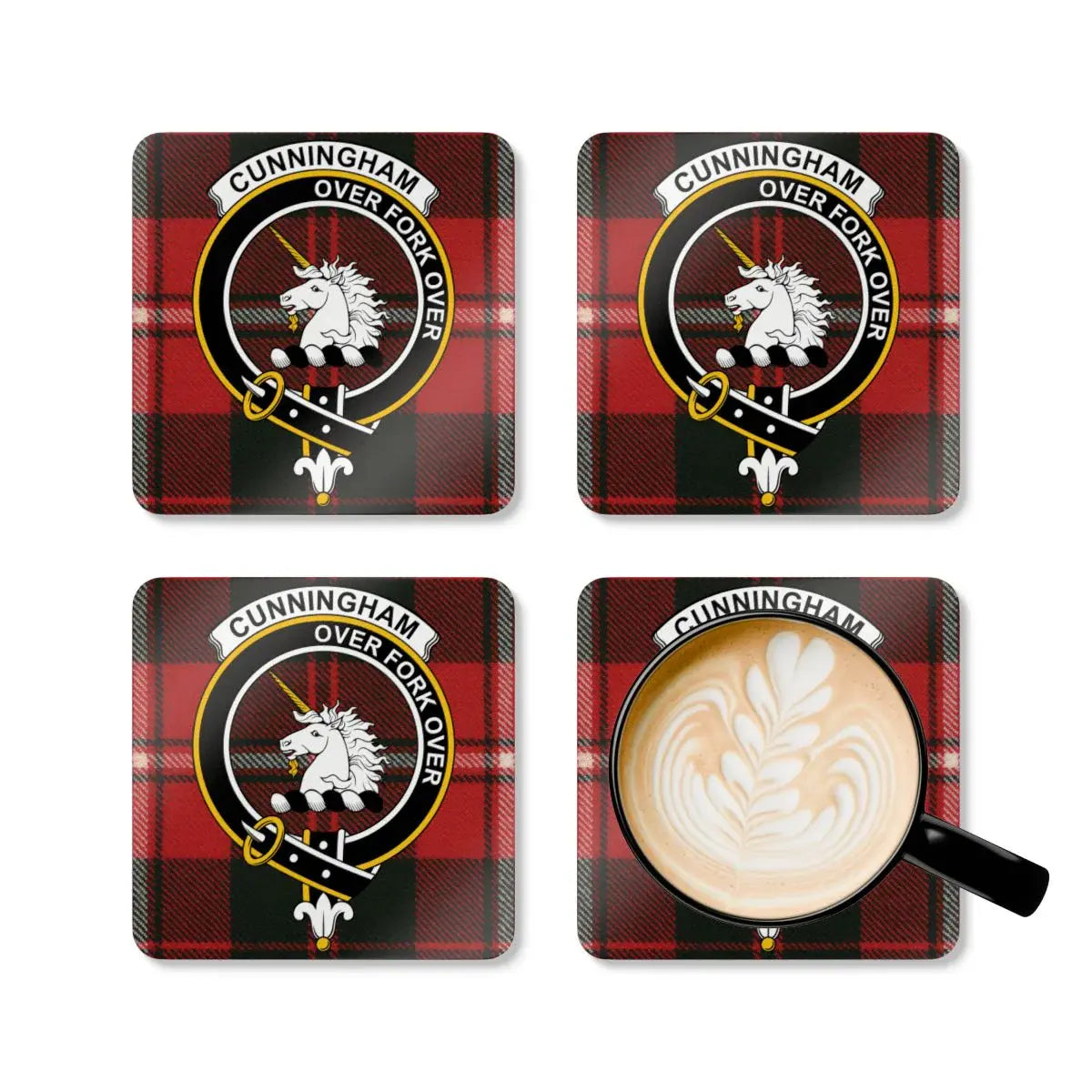 Cunningham Over Fork Over plaid coaster set — four cork coasters with clan crest design