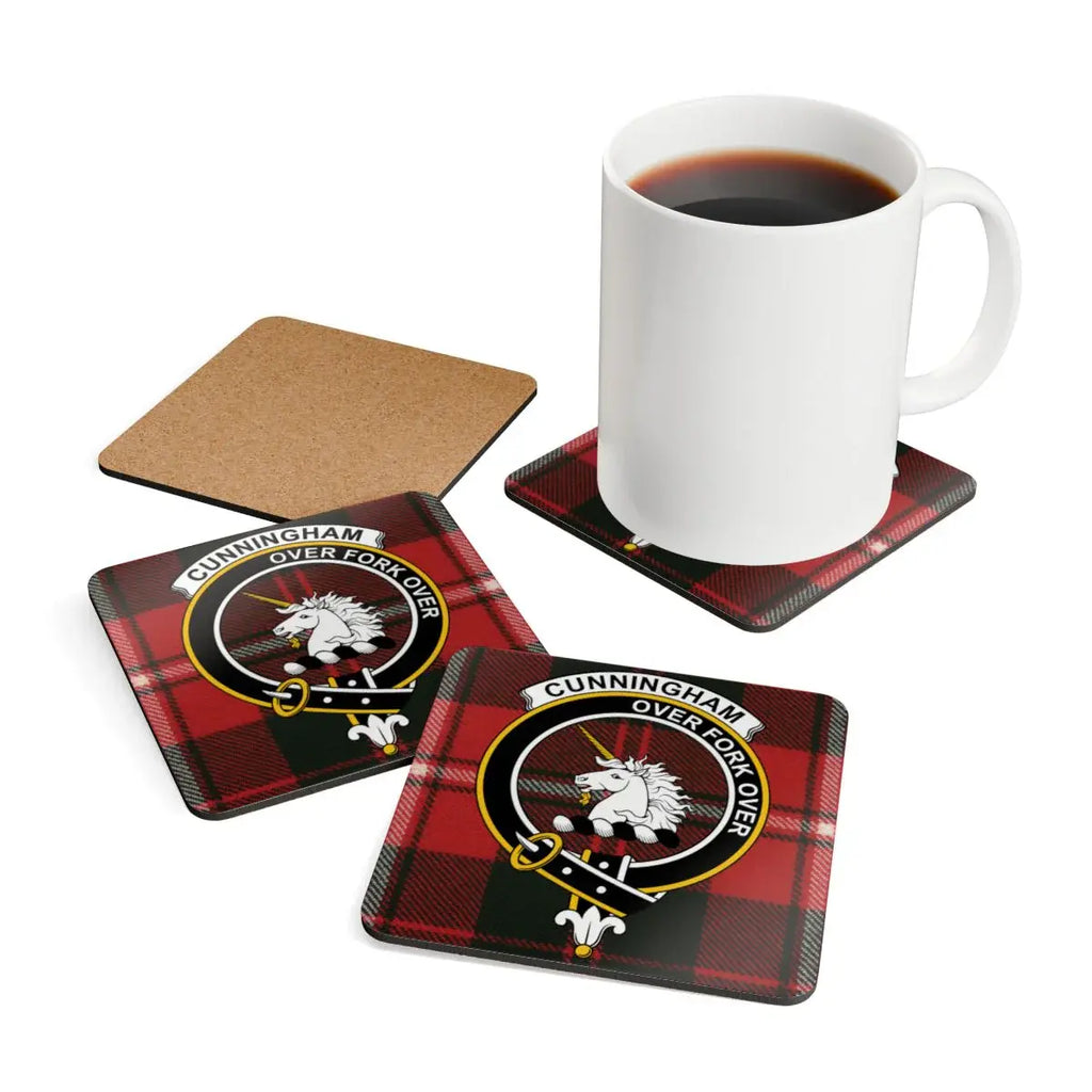 Cunningham clan tartan square coaster — 3.75-inch corkwood with sealed unicorn crest print