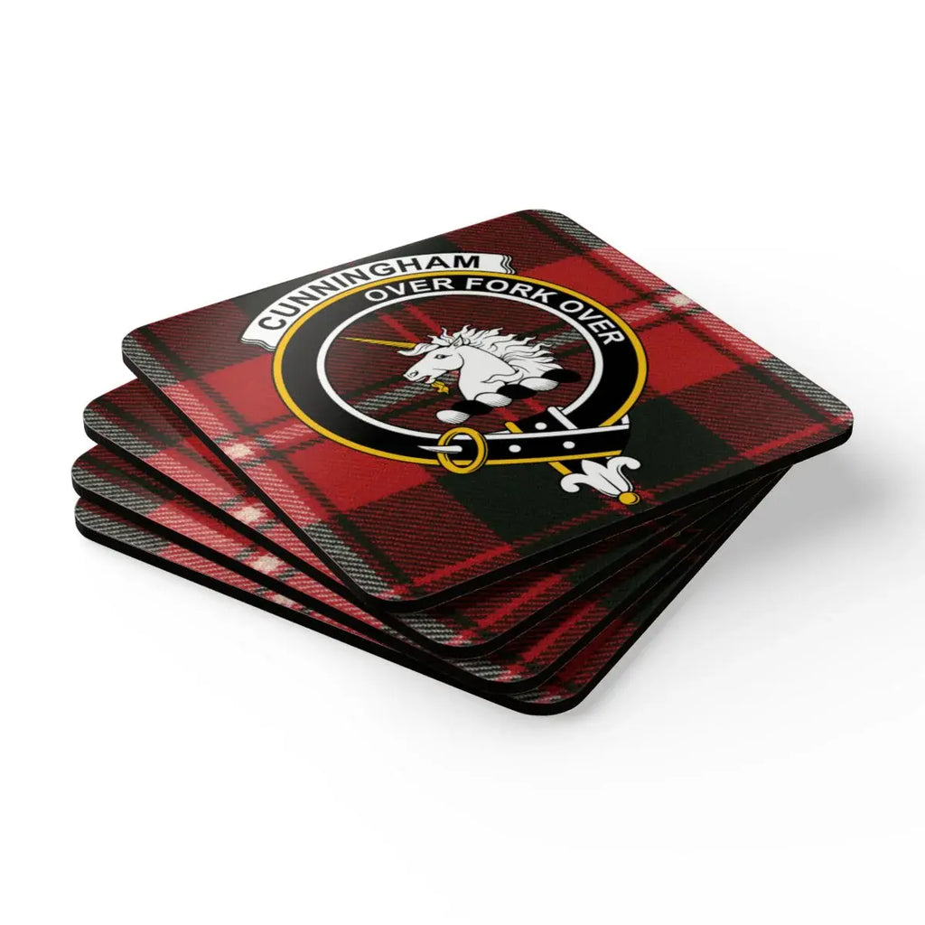 Cunningham Over Fork Over custom coasters — four natural cork squares with clan heraldic design