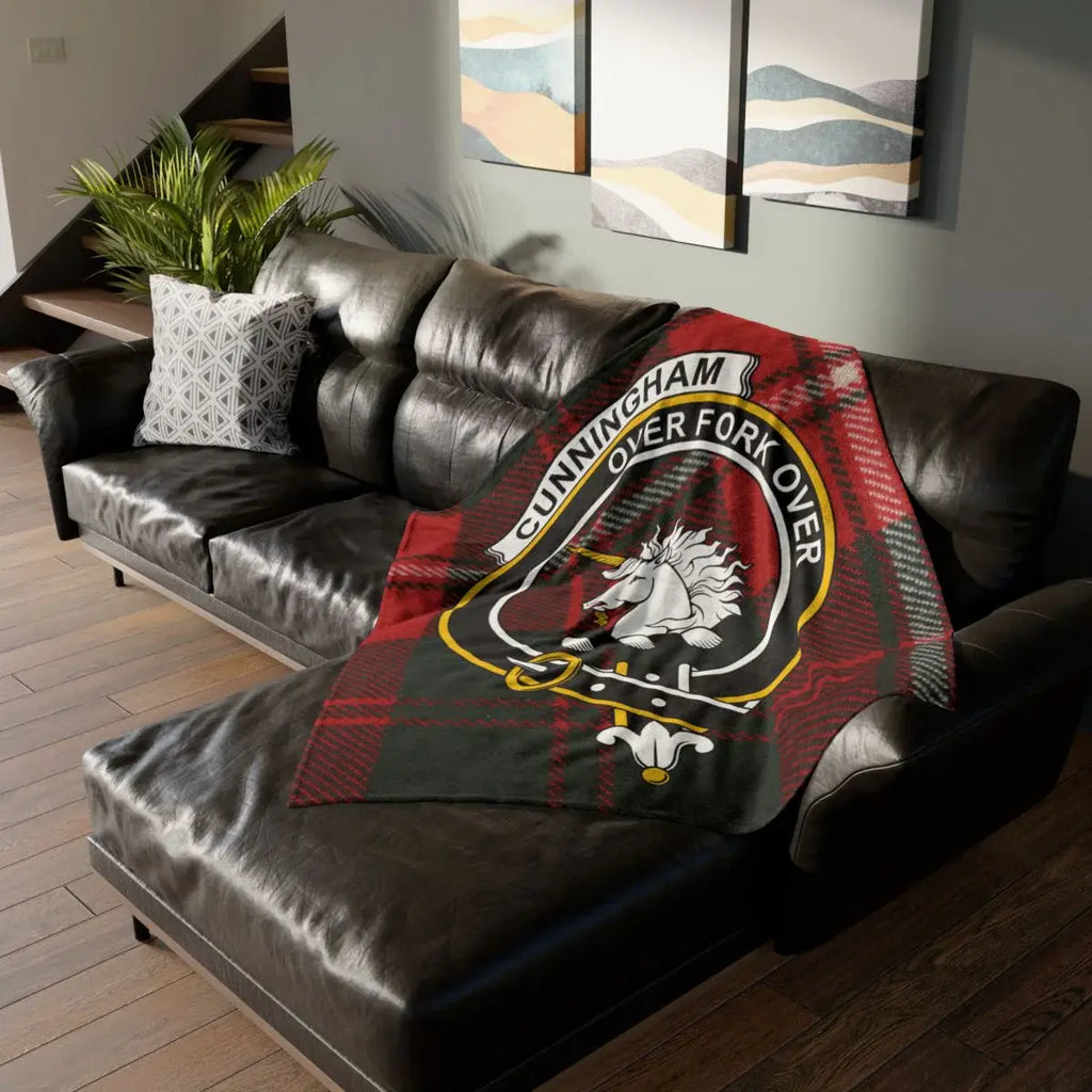 Cunningham clan crest tartan throw blanket on sofa — 50x60 polyester, unicorn clan design