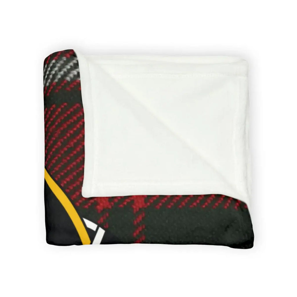 Cunningham clan crest throw blanket laid flat — 100% polyester, 50x60, red-black plaid pattern