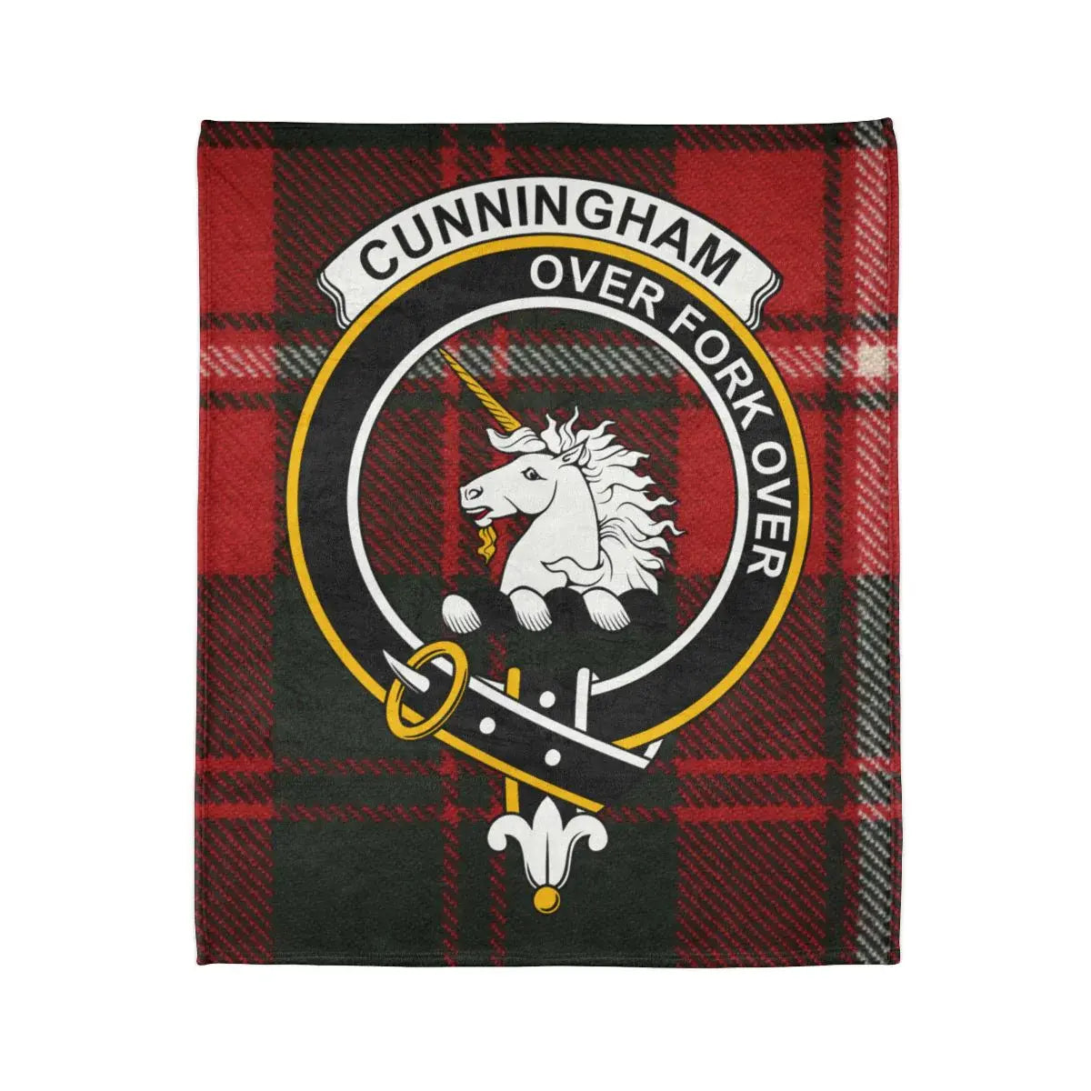 Cunningham Over Fork Over plaid throw blanket — unicorn crest design on 50x60 polyester
