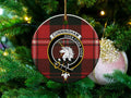 Cunningham clan tartan ceramic ornament — 3-inch round glossy disc with unicorn crest and Over Fork Over