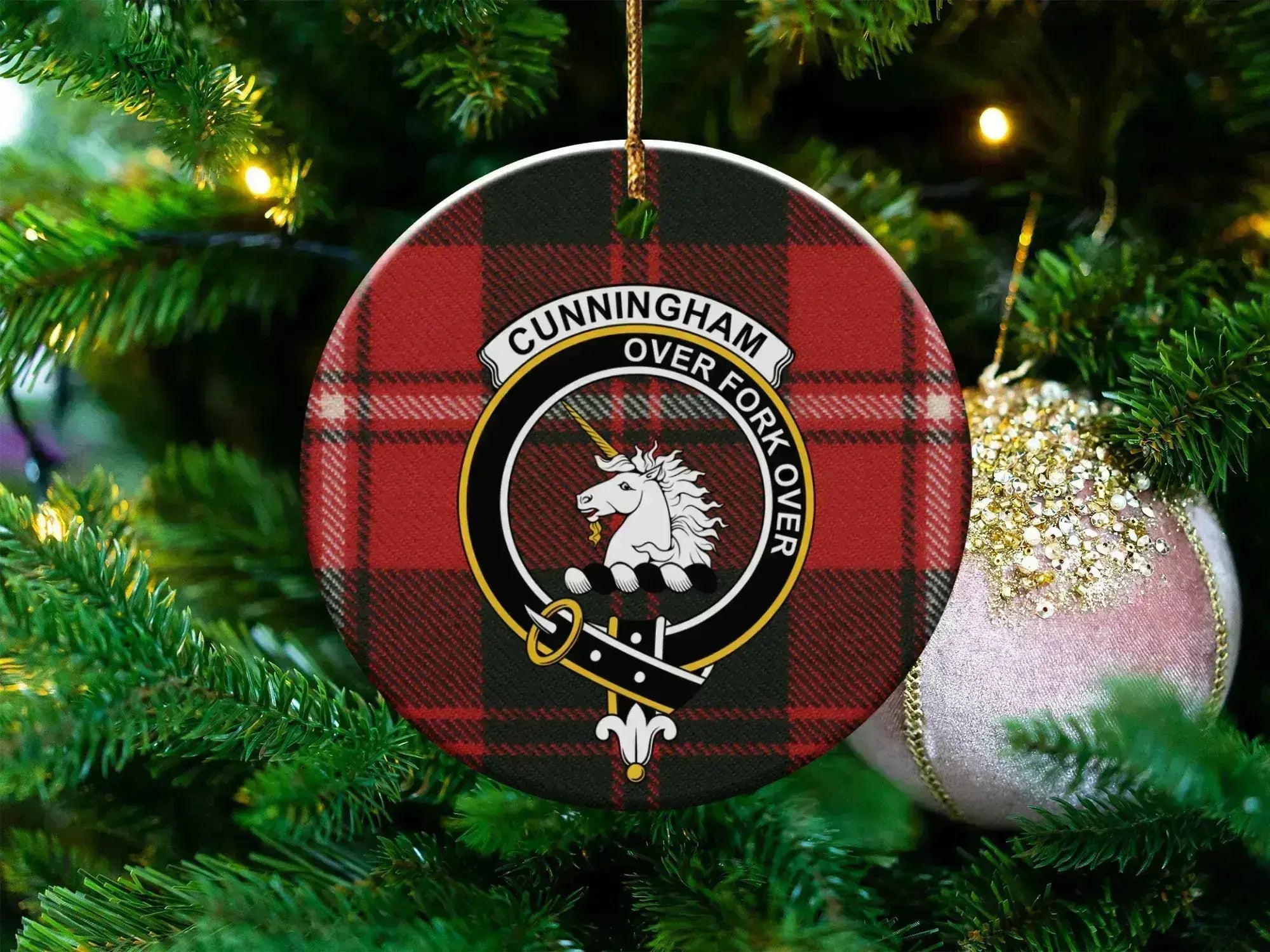 Cunningham clan tartan ceramic ornament — 3-inch round glossy disc with unicorn crest and Over Fork Over