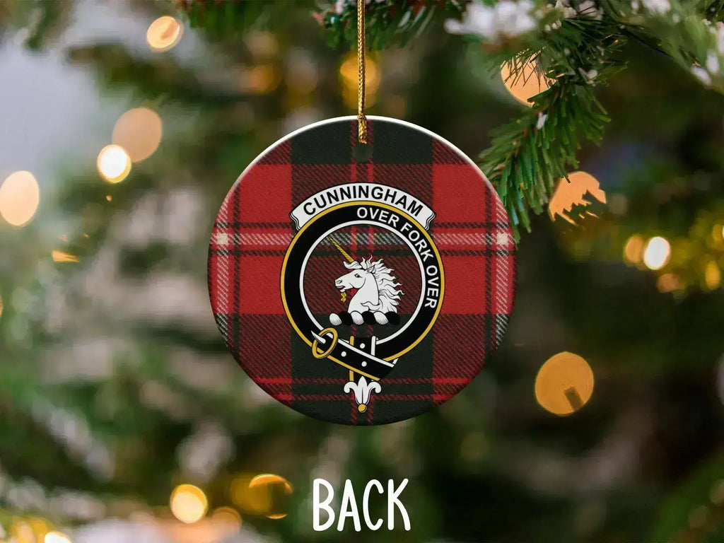 Cunningham Over Fork Over plaid ornament — 3-inch ceramic disc, ribbon hanger included