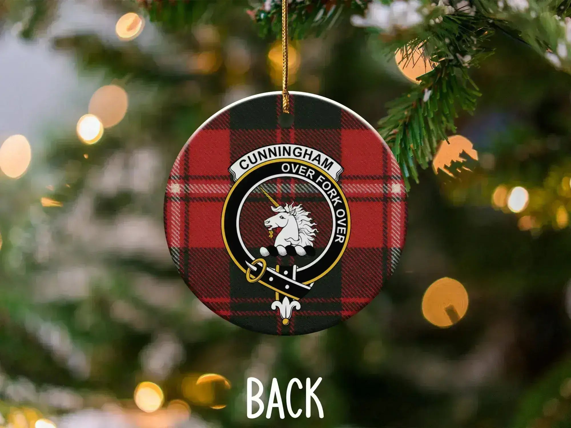Cunningham Over Fork Over plaid ornament — 3-inch ceramic disc, ribbon hanger included